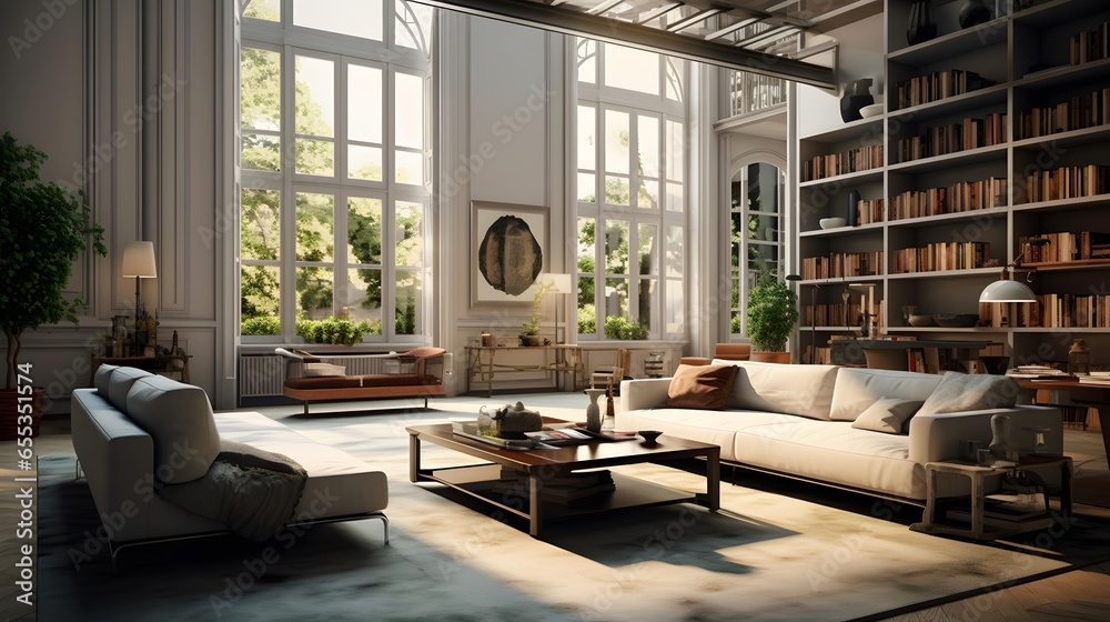 Panorama of modern living room with sofa, coffee table and bookshelf
