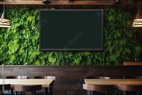 Empty TV screen on cafe wall. Modern, bright interior. Plasma TV in restaurant. Generative AI