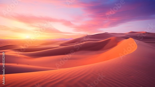 Desert sand dunes at sunset, panoramic view.