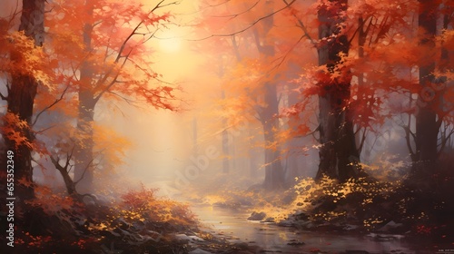 Autumn forest with fog in the morning,3d render illustration