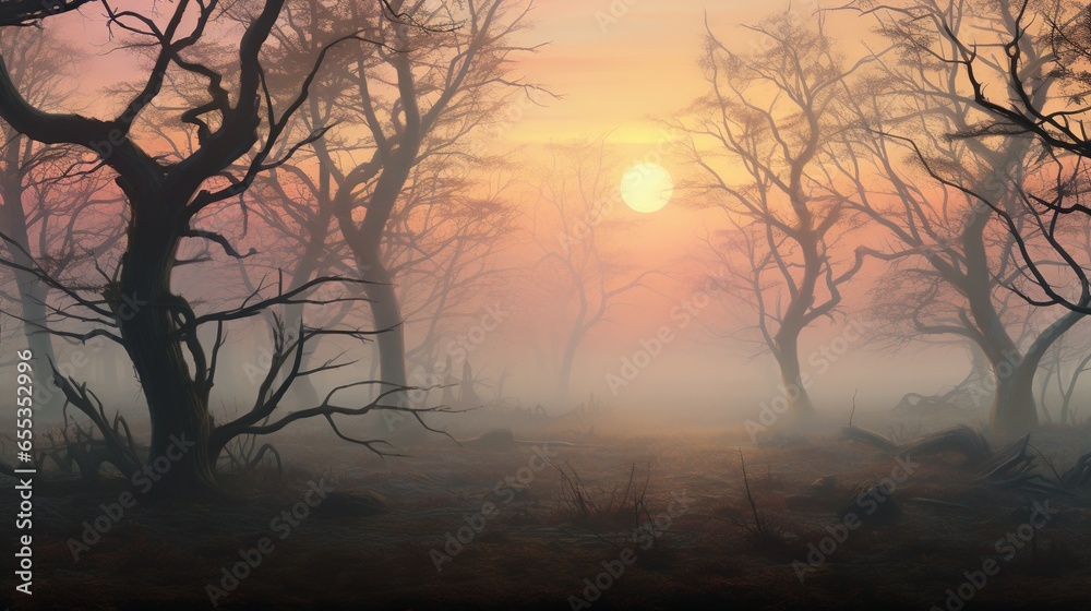Fototapeta premium a painting of a foggy forest with trees in the foreground. generative ai