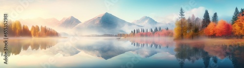 Beautiful autumn forest scene . Colorful morning view on foggy lake and mountains at sunrise time. Beauty of nature concept background