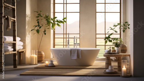 A spa-like bathroom with a freestanding bathtub  candles  and bamboo bath accessories 