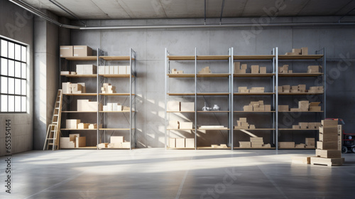 A spacious storeroom with a grey concrete floor and white shelves