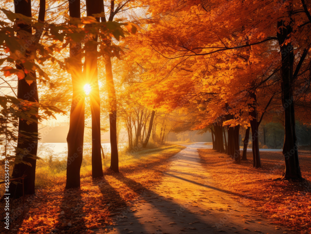 Autumn forest path. Orange color tree, red brown maple leaves in fall city park. Nature scene in sunset fog Wood in scenic scenery Bright light sun Sunrise of a sunny day, morning sunlight view