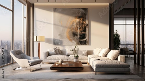 luxury penthouse living room with modern art on the walls photo
