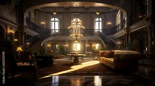 Interior of a luxury hotel  panoramic view of the lobby