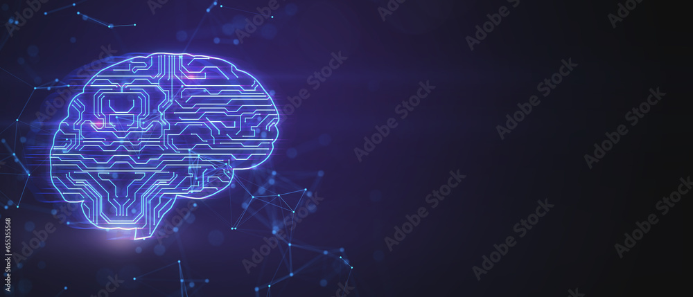 Creative digital brain hologram with circuit on blurry wide background with mock up place. Artificial intelligence and machine learning concept. 3D Rendering. Creative digital brain hologram with circuit on blurry wide background with mock up place. Artificial intelligence and machine learning concept. 3D Rendering.
