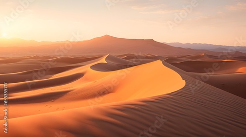 Desert dunes at sunset. Panoramic view of the Sahara desert in Morocco
