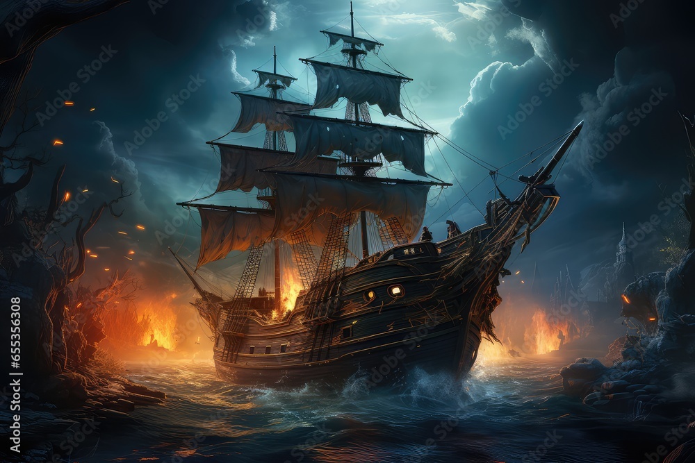 Fototapeta premium pirate ship at night