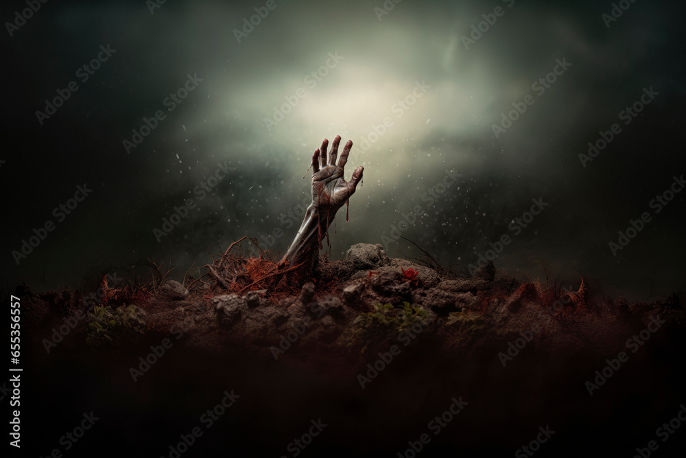 Rising Horror. A Terrifying Scene as a Zombie Hand Emerges from the Foggy Ground, Evoking Fear and Dread. Nightmare Unleashed AI Generative.

