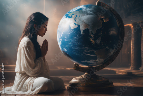 gril praying next to the globe of planet earth, environmental concept , generative ai 