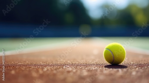 tennis ball on the white line of a tennis court © Fred