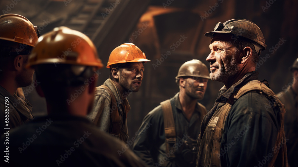 Close-up engineer talking with group labor in the mine