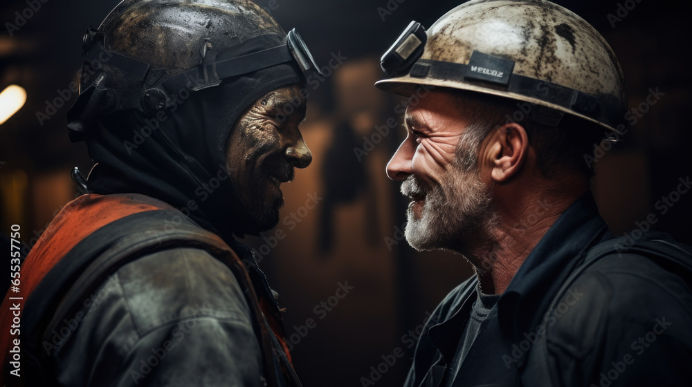 Close-up engineer talking with group labor in the mine