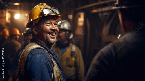 Close-up engineer talking with group labor in the mine