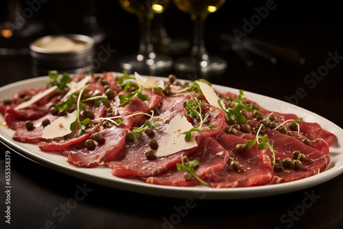 Meat carpaccio, thin slices on a plate in a restaurant.