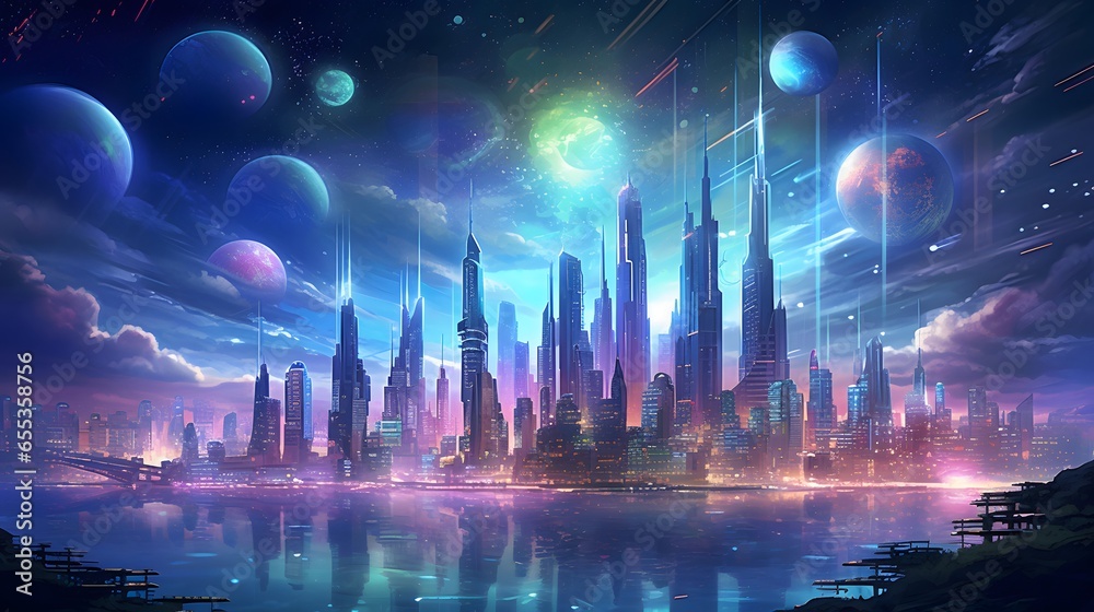 Futuristic city at night. Futuristic cityscape with skyscrapers and planets.