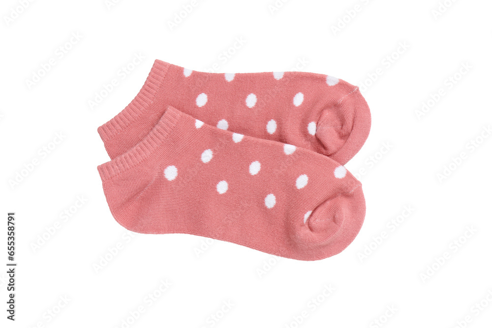 Pink polka dot ankle socks on white background, isolated Pink polka dot ankle socks on white background, isolated