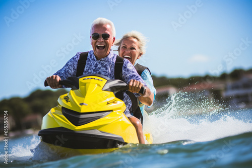 Mature senior couple in love, wife and husband, having fun driving jet ski.