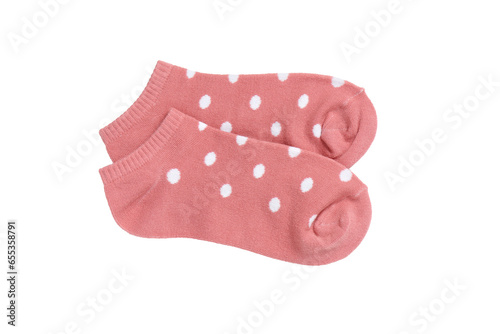 Pink polka dot ankle socks on white background, isolated