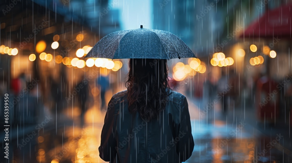 backview of a woman during heavy rain with umbrella