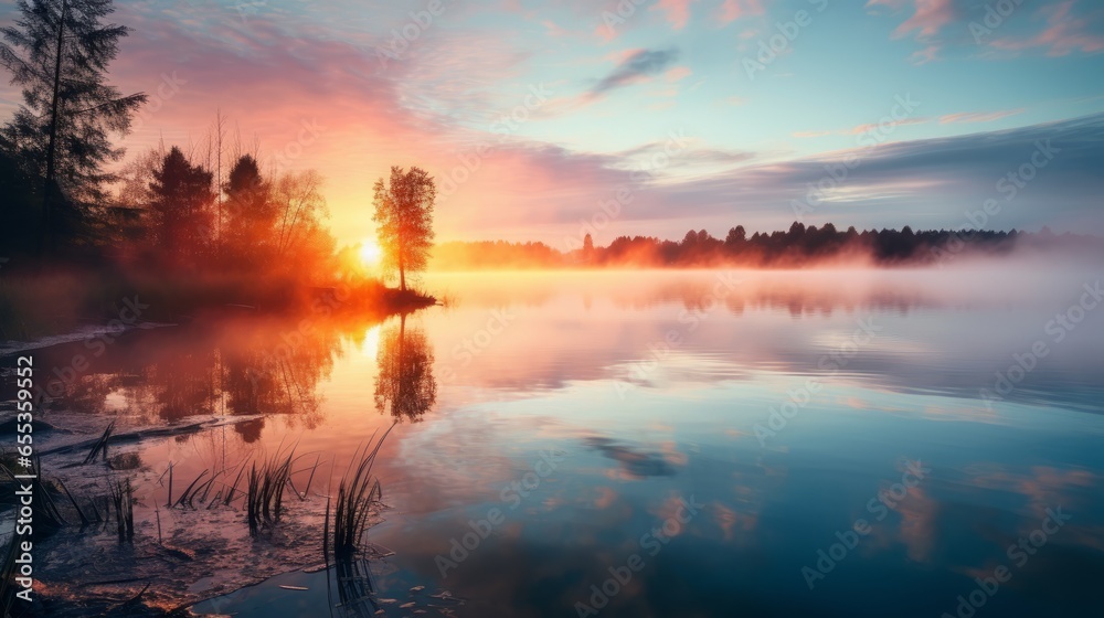 sunrise over a serene lake with mist sunrise over a serene lake with mist