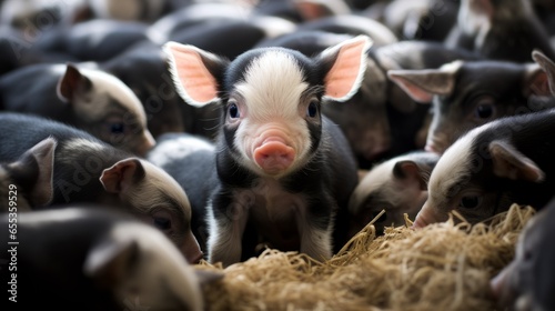 piglet peeking out from a crowded pen in a factory photo