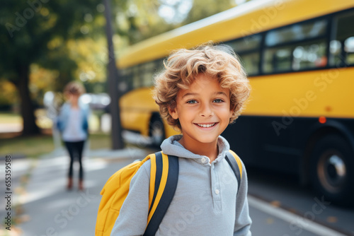Elementary school student, boy, in front of a yellow school bus. Children are in a hurry to go to school.