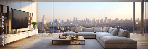 Minimalist apartment or penthouse with city view. Interior design of modern living room photo