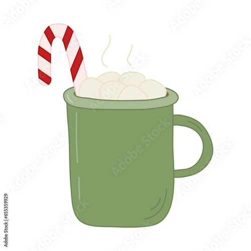 Big green retro cup with hot chocolate, marshmallow and candy cane, doodle style flat vector