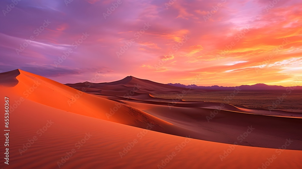 Panoramic view of sand dunes in the Sahara desert in Morocco