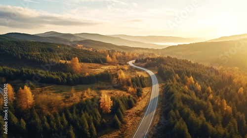 From high above, the drone revealed the winding road through the pine-covered hills..