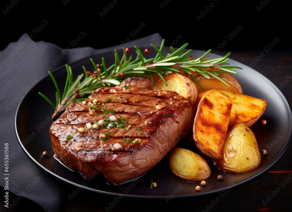 Gourmet Steak Feast. Enjoy a Delicious Meal: Juicy Steak, Roasted Potatoes, and Fresh Herbs on a Dark Background. Culinary Delights Gourmet Steak Feast. Enjoy a Delicious Meal: Juicy Steak, Roasted Potatoes, and Fresh Herbs on a Dark Background. Culinary Delights