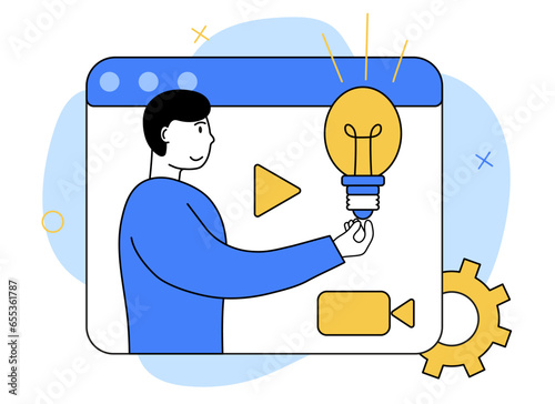 Сreative content idea scene. A person creates new ideas and new content for different niches.Content manager concept.Vector illustration.