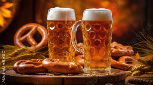 Beer mugs with fresh pretzels or brezen at Oktoberfest  Munich  Germany