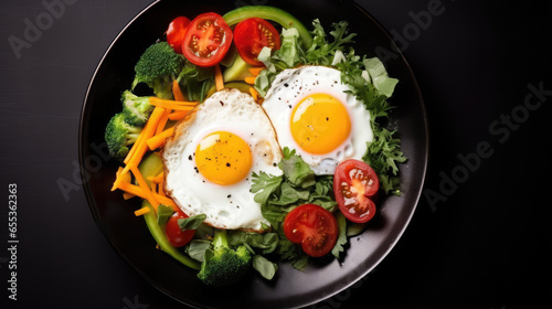 fried eggs with vegetables in a frying pan, delicious healthy food, top view