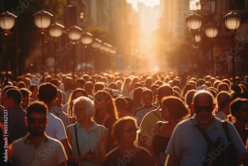 Crowd of people walking street backlit 