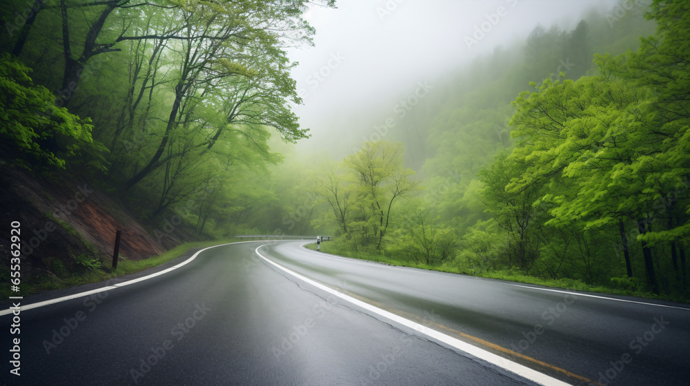 Fototapeta premium A winding road through a misty forest on a rainy spring day