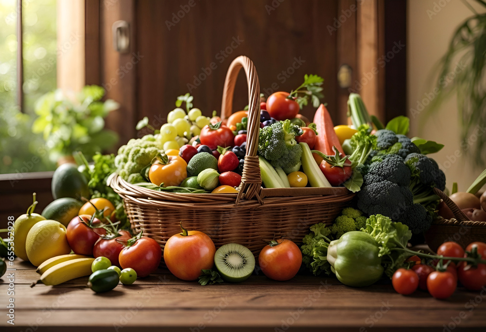 assortiment  fruits et légumes dans un panier en osier - obrazy, fototapety, plakaty 