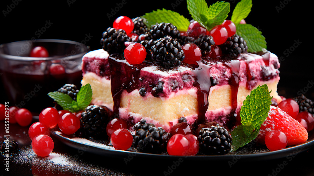 cake and fresh berries on black background cake and fresh berries on black background