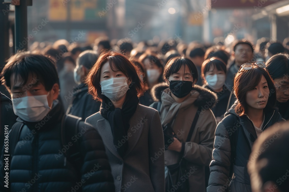 Crowd of east Asian people walking street wearing masks Crowd of east Asian people walking street wearing masks