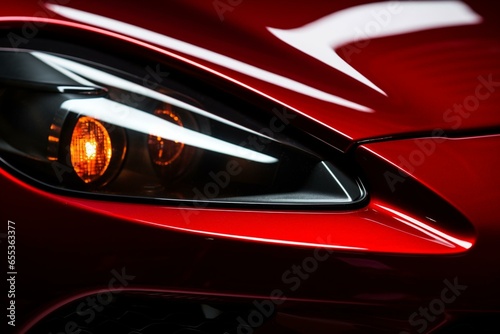 Closeup red sports car headlight. Generative AI