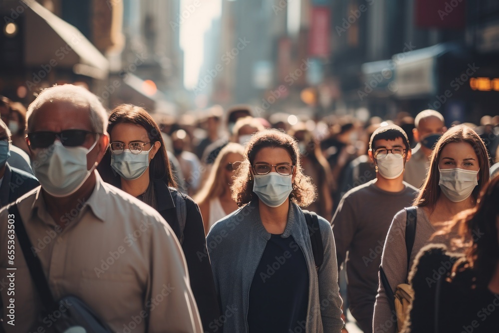 Obraz premium Crowd of people walking street wearing masks