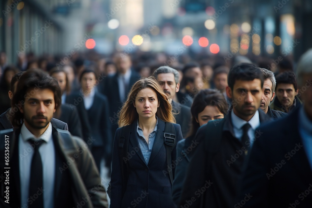 Crowd of business commuters people walking city street in the morning Crowd of business commuters people walking city street in the morning