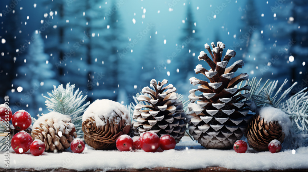 A wintry Christmas backdrop featuring snowy fir branches and pinecones against a forest setting..
