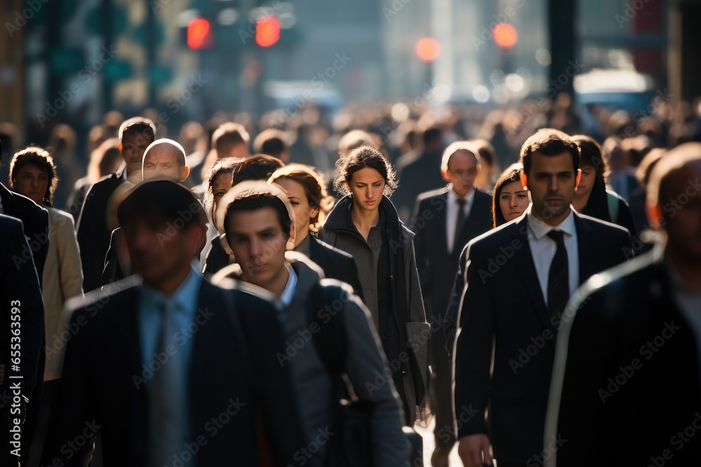 Crowd of business commuters people walking city street in the morning Crowd of business commuters people walking city street in the morning