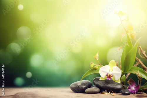Spa still life with stones and orchid on green background with copy space