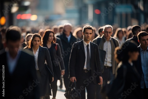 Crowd of business commuters people walking city street in the morning