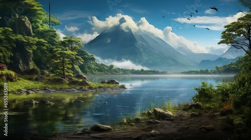  a painting of a mountain lake with birds flying over it.  generative ai © Anna